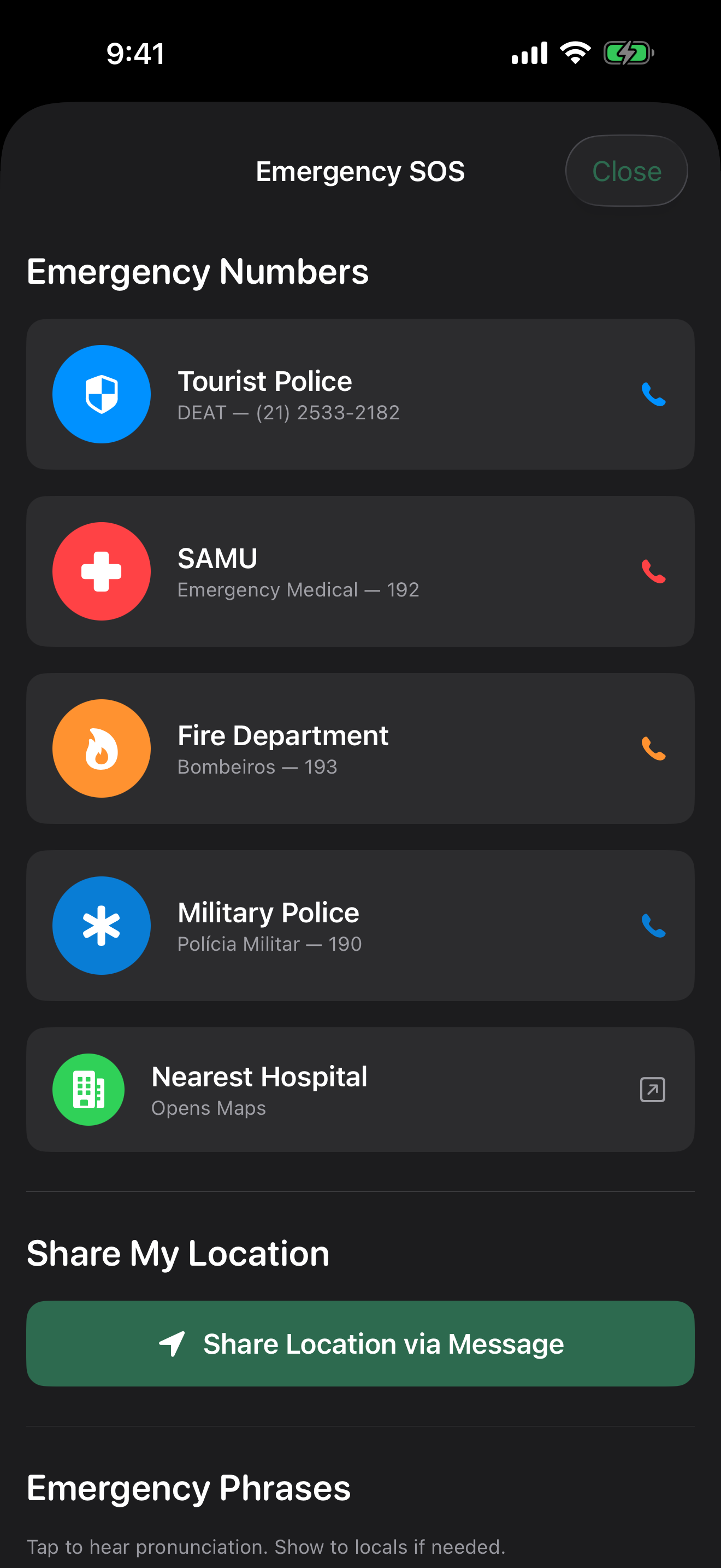 SOS emergency screen with police and ambulance numbers